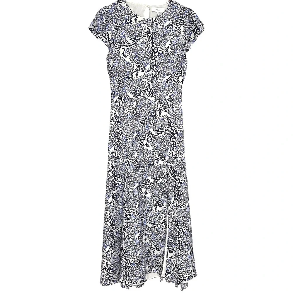 Reiss Livia Mosaic Print Split Midi Dress Floral Blue White Navy 7 - Picture 4 of 12